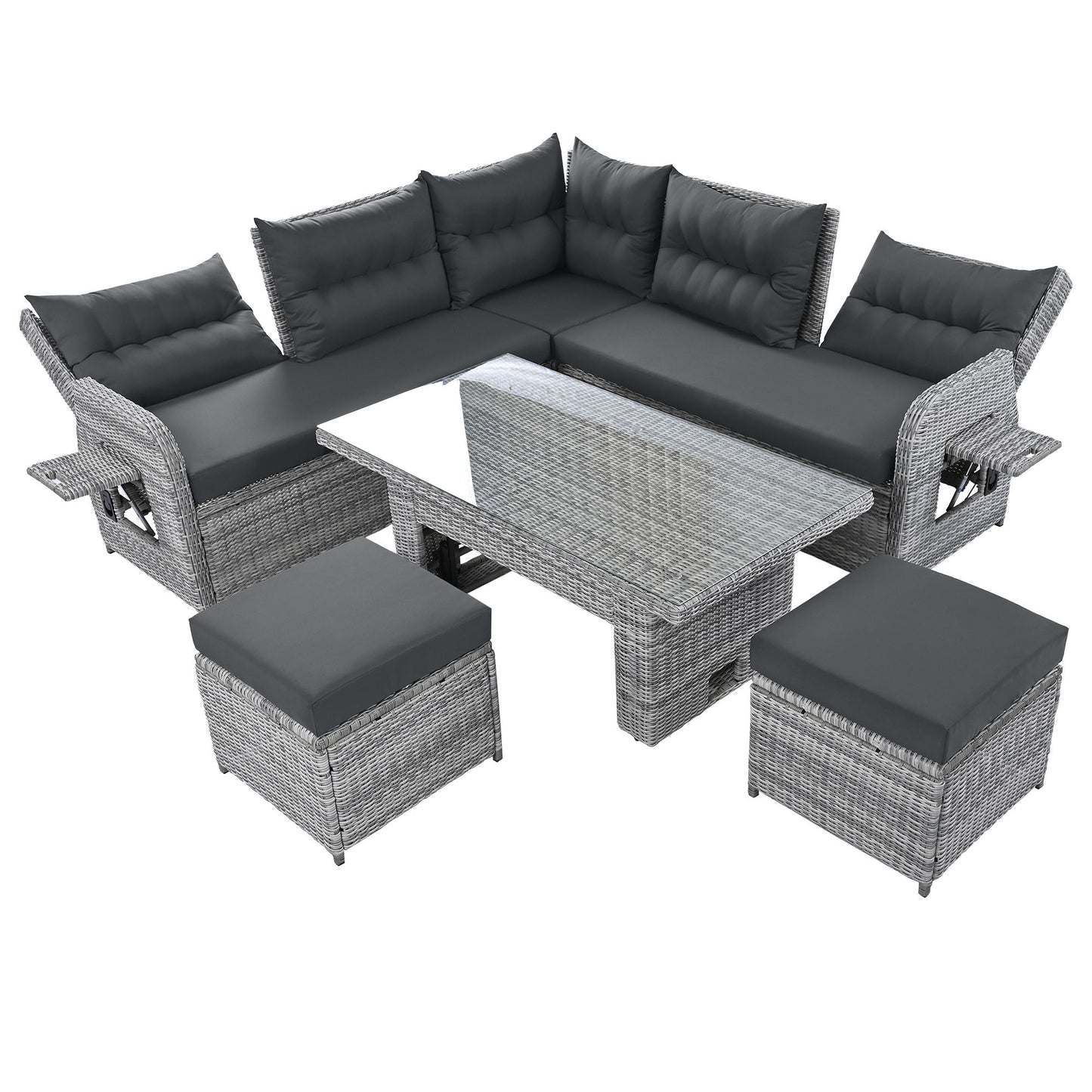 Outdoor Furniture Set Patio Rattan Furniture Set With Adjustable Table, Recliners With Extendable Side Tables And 2 Ottomans Hearth and Haven