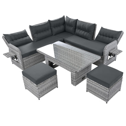 Outdoor Furniture Set Patio Rattan Furniture Set With Adjustable Table, Recliners With Extendable Side Tables And 2 Ottomans Hearth and Haven