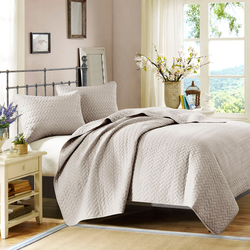 Velvet Touch - King 3 Piece Luxurious Oversized Quilted Coverlet Set - Linen