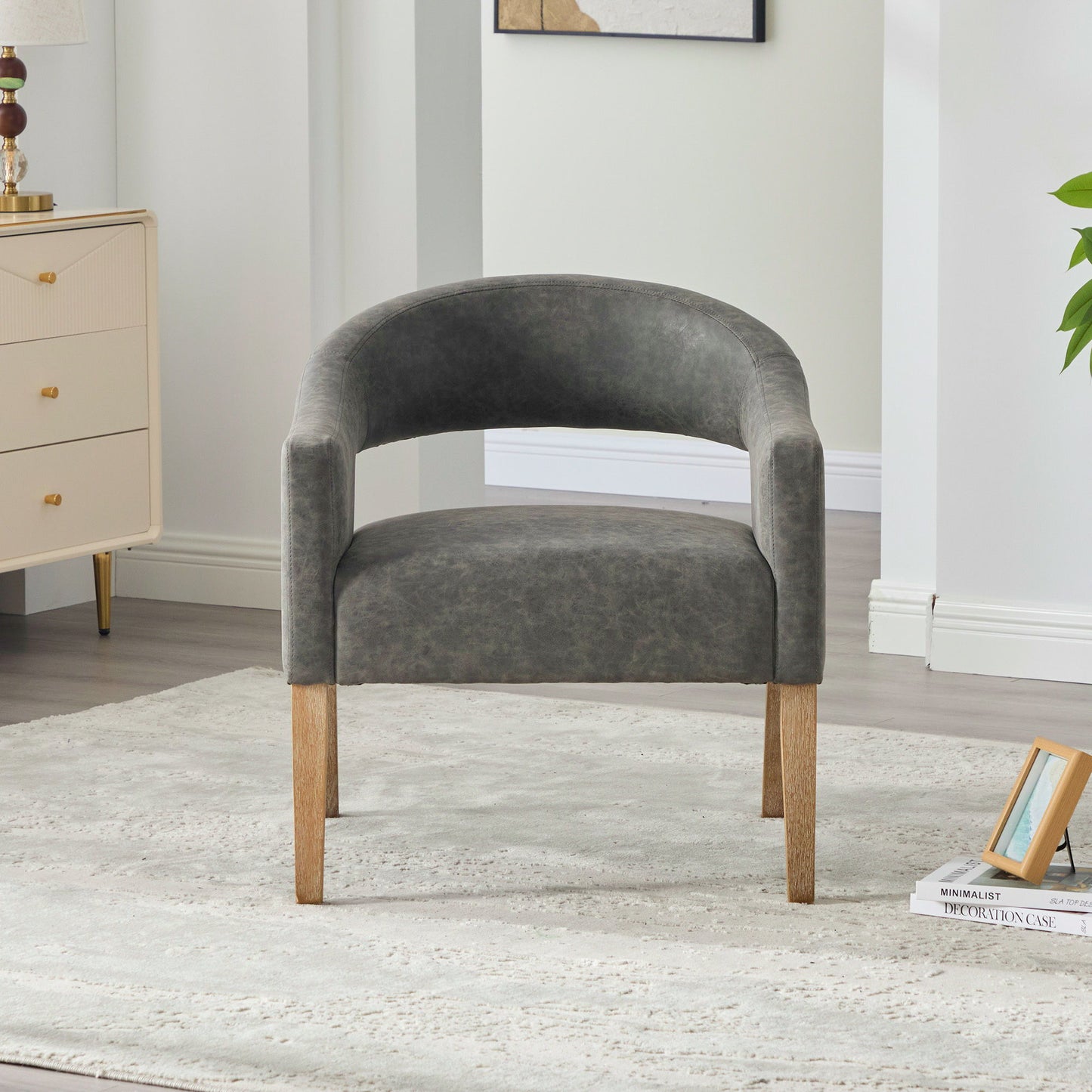 Upholstered Open Back Armchair With Weathered Rubberwood Legs Home Essentials