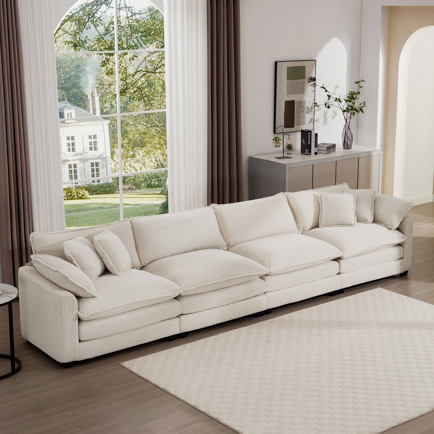Modern Upholstered 4 Seater Fabric Sofa With Arm And Throw Pillows Home Essentials