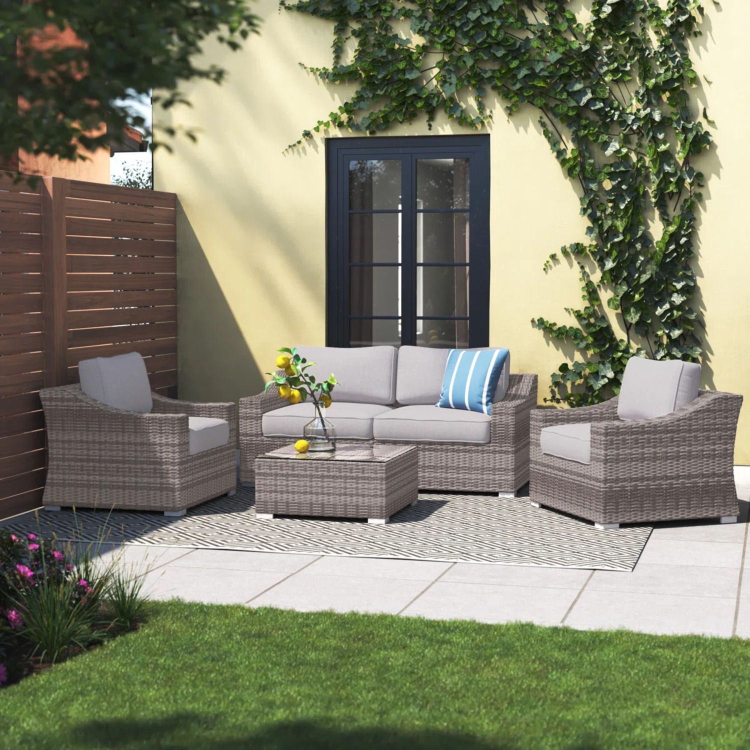 Outdoor Wicker Conversation Set With Cushions, All Weather LSI Patio Furniture
