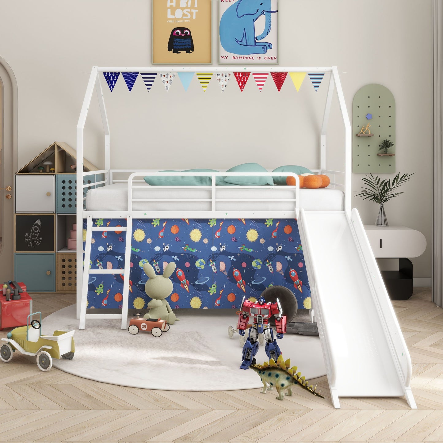 Jack - House Loft Bed With Slide And Curtain Set House & Home Furniture