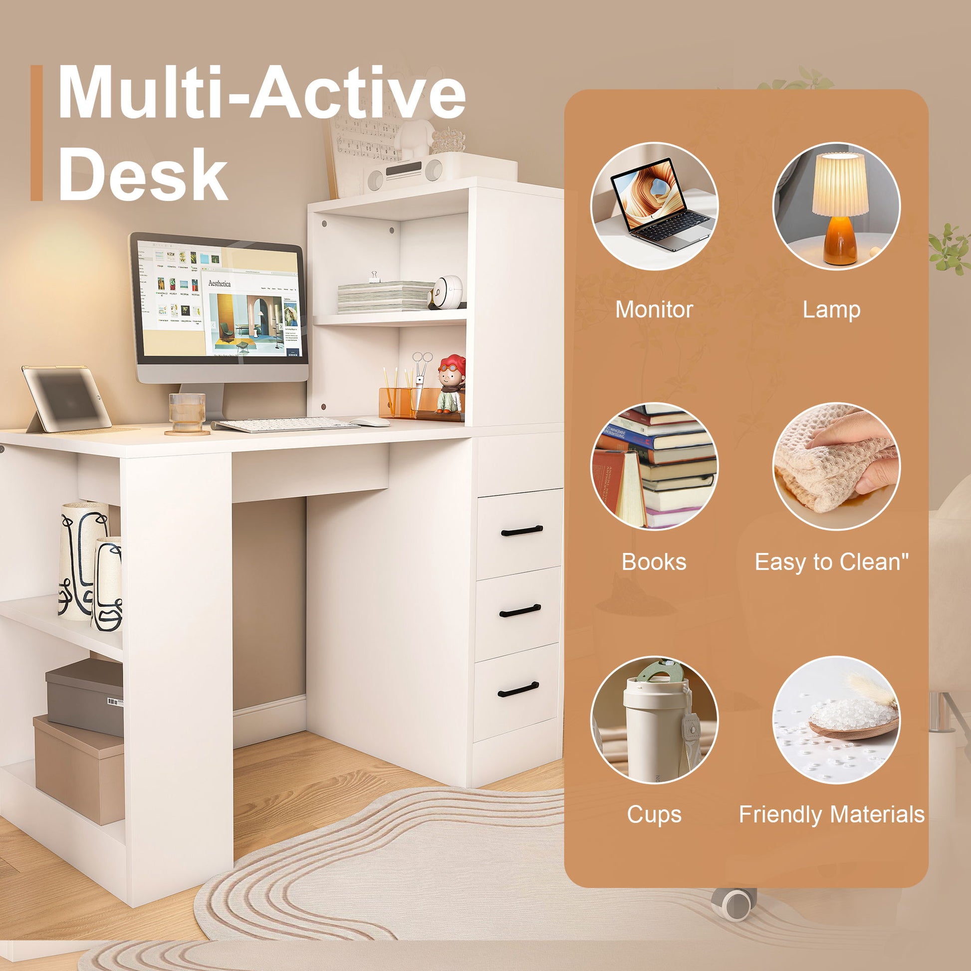 Modern Computer Desk With Built In Socket 3 Slide Drawers 4 Storage Levels - White Home Essentials