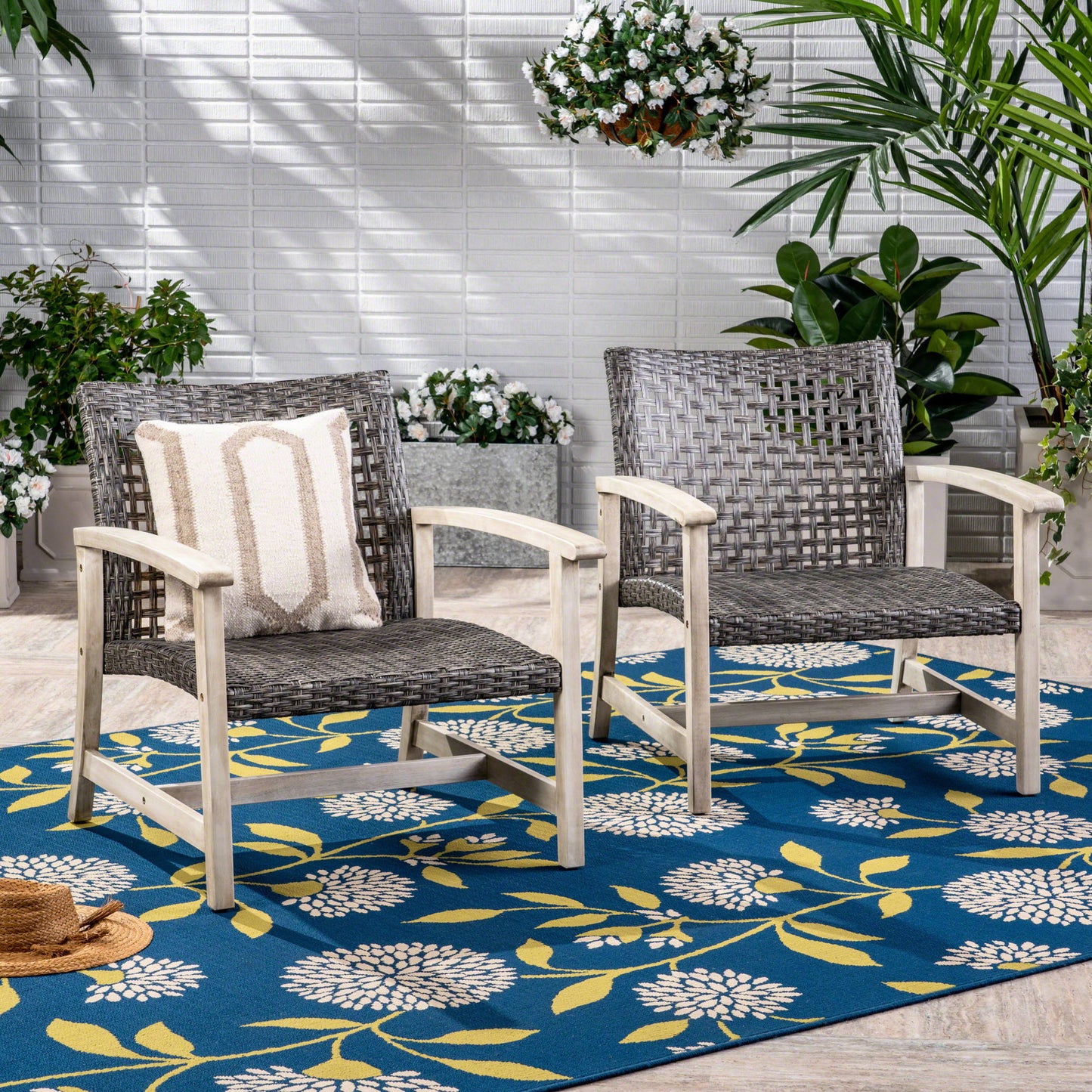 Outdoor Club Chair With Rattan Cover And Acacia Wood Frame - Gray Noble House
