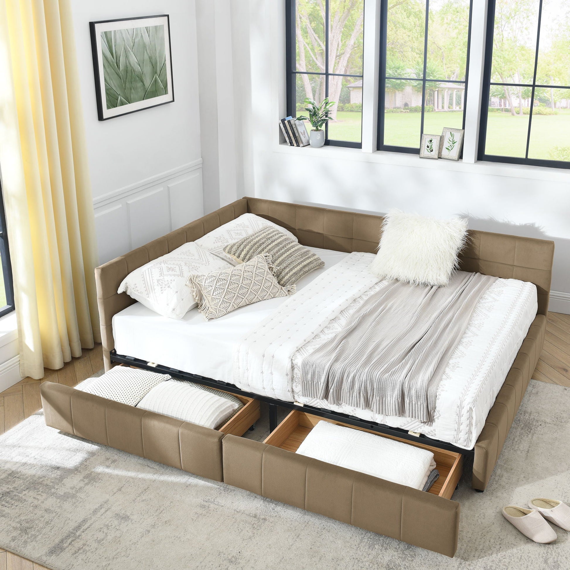 Mid-Century Storage Upholstered Tufted Bed Frame With Backrest And Armrests Home Essentials