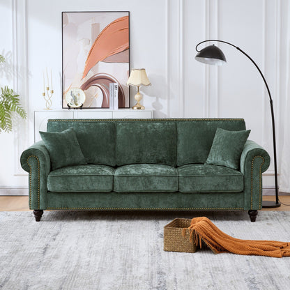 3 Seater Sofa With Tufted Upholstery, Rolled Arms, Nailhead Trim Home Essentials