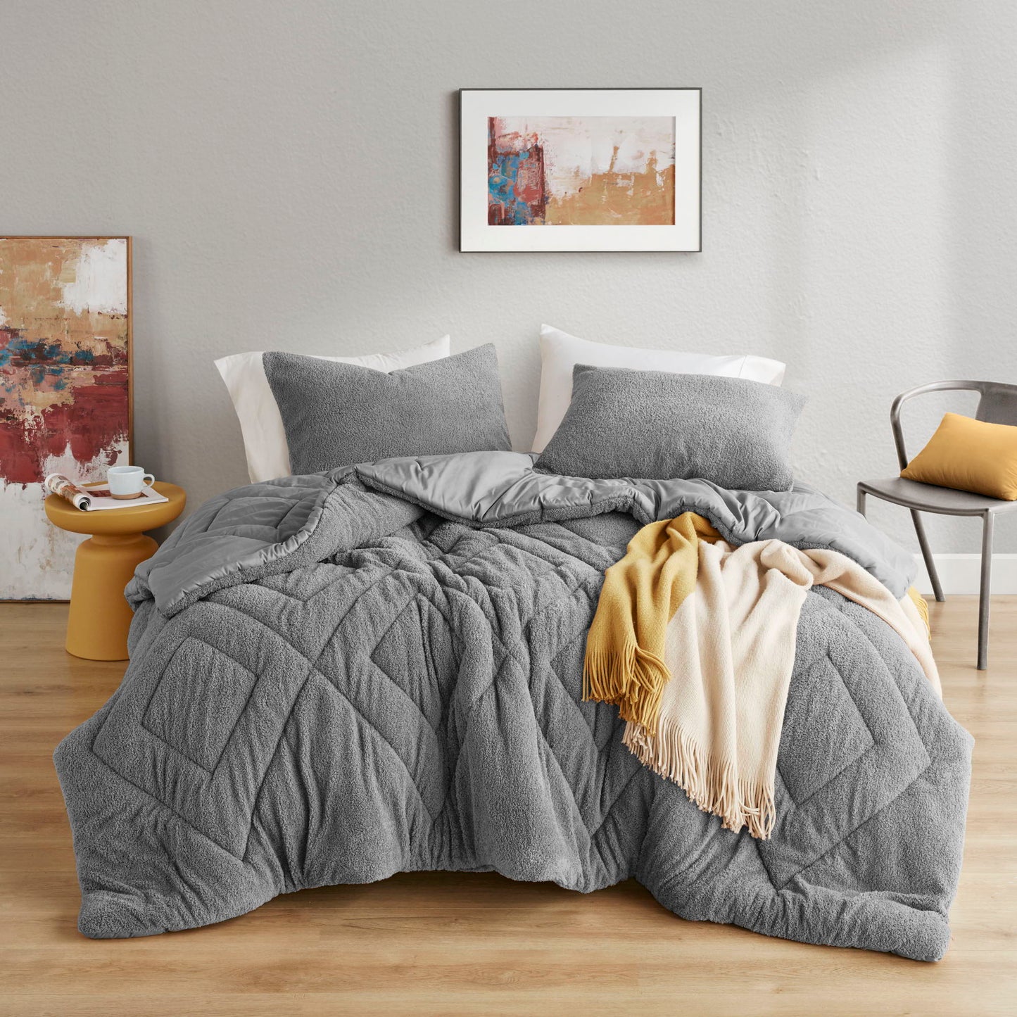 Kyla - Full/Queen Double Diamond Quilted Teddy Comforter Set - Gray Super Listing