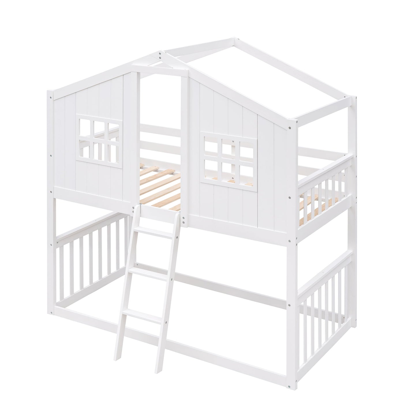 Twin Over Twin House Bunk Bed With Ladder, Wood Bed