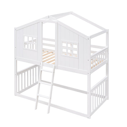 Twin Over Twin House Bunk Bed With Ladder, Wood Bed