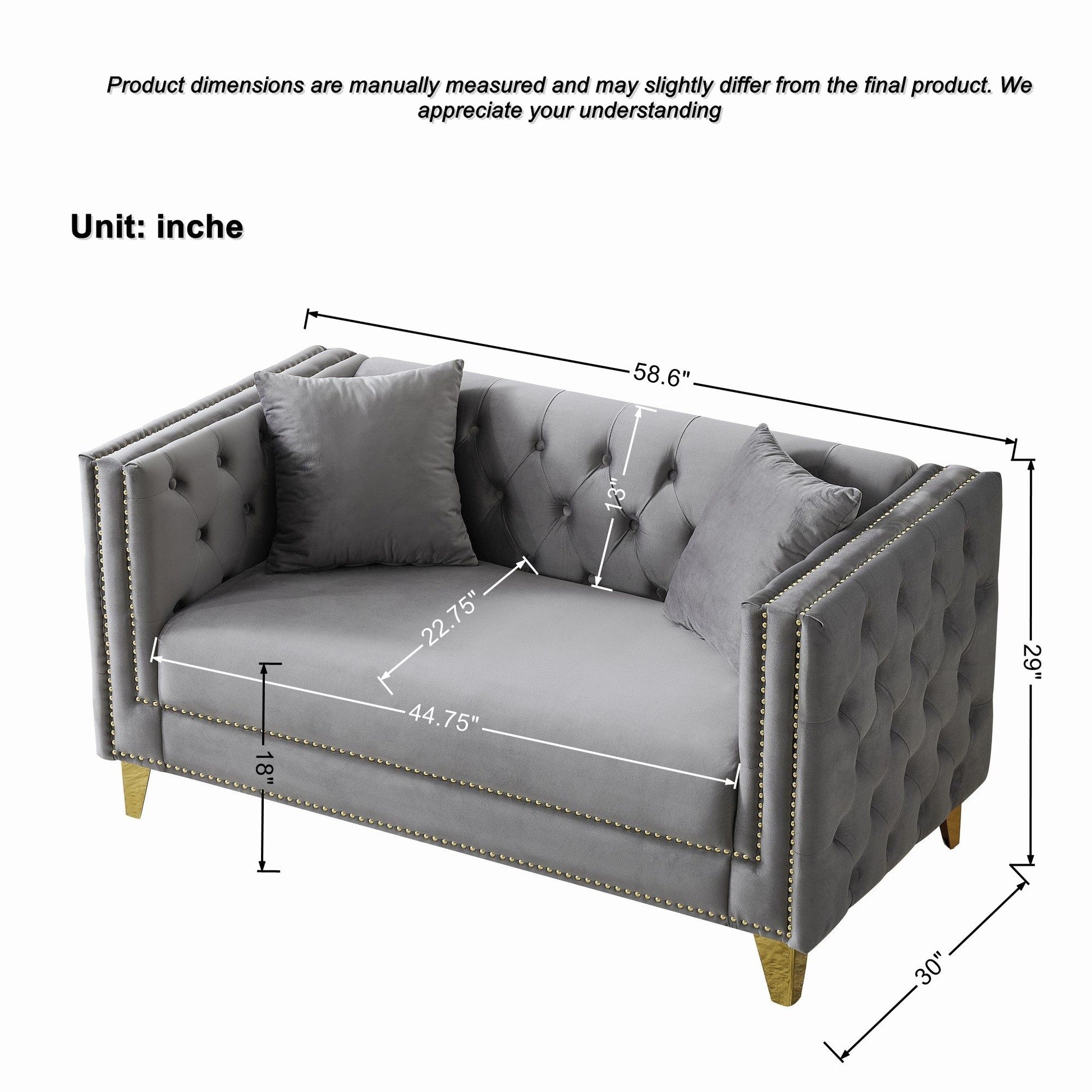 2 Seater Deep Seat Sofa With Button Nailhead, Square Arm Home Essentials