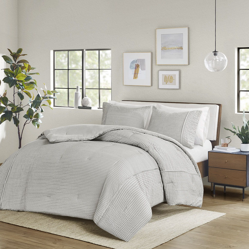 Apollo - 3 Piece Full Striped Seersucker Oversized Comforter Set - Gray