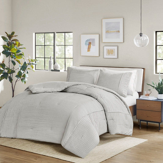 Apollo - 3 Piece Full Striped Seersucker Oversized Comforter Set - Gray