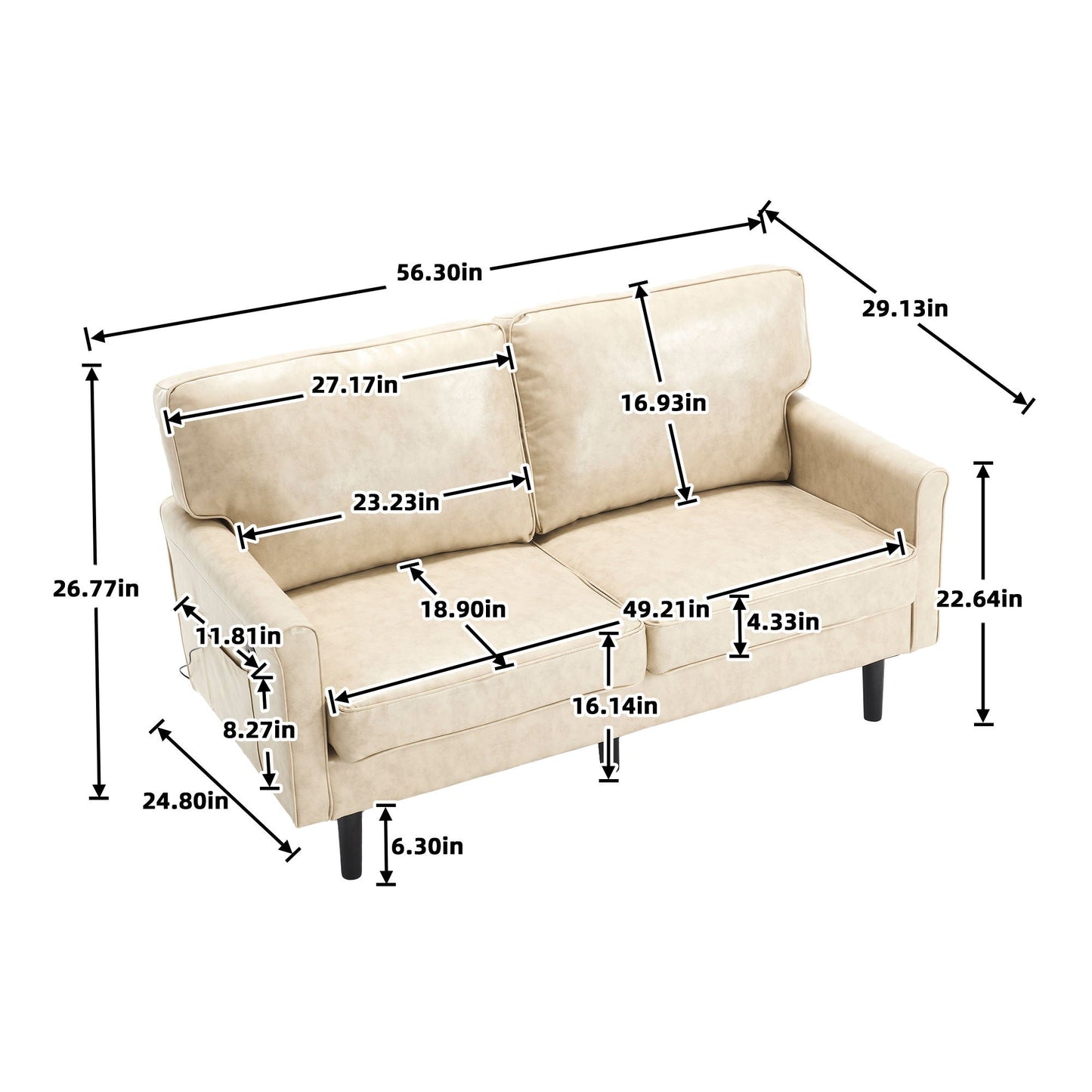 Mid Century Modern Loveseat Sofa With USB Ports, Removable Pillow Cover Home Essentials