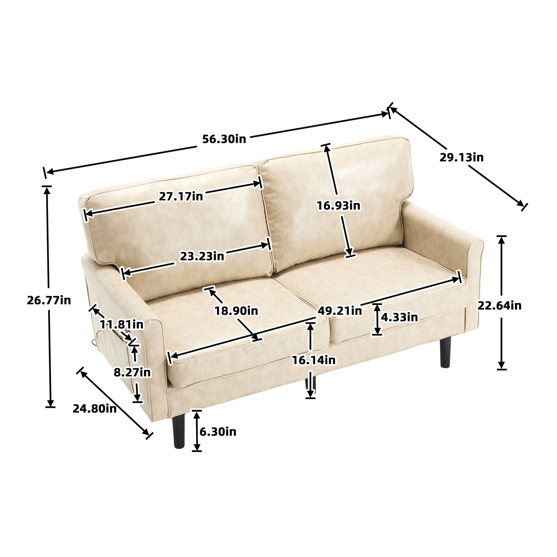 Mid Century Modern Loveseat Sofa With USB Ports, Removable Pillow Cover Home Essentials