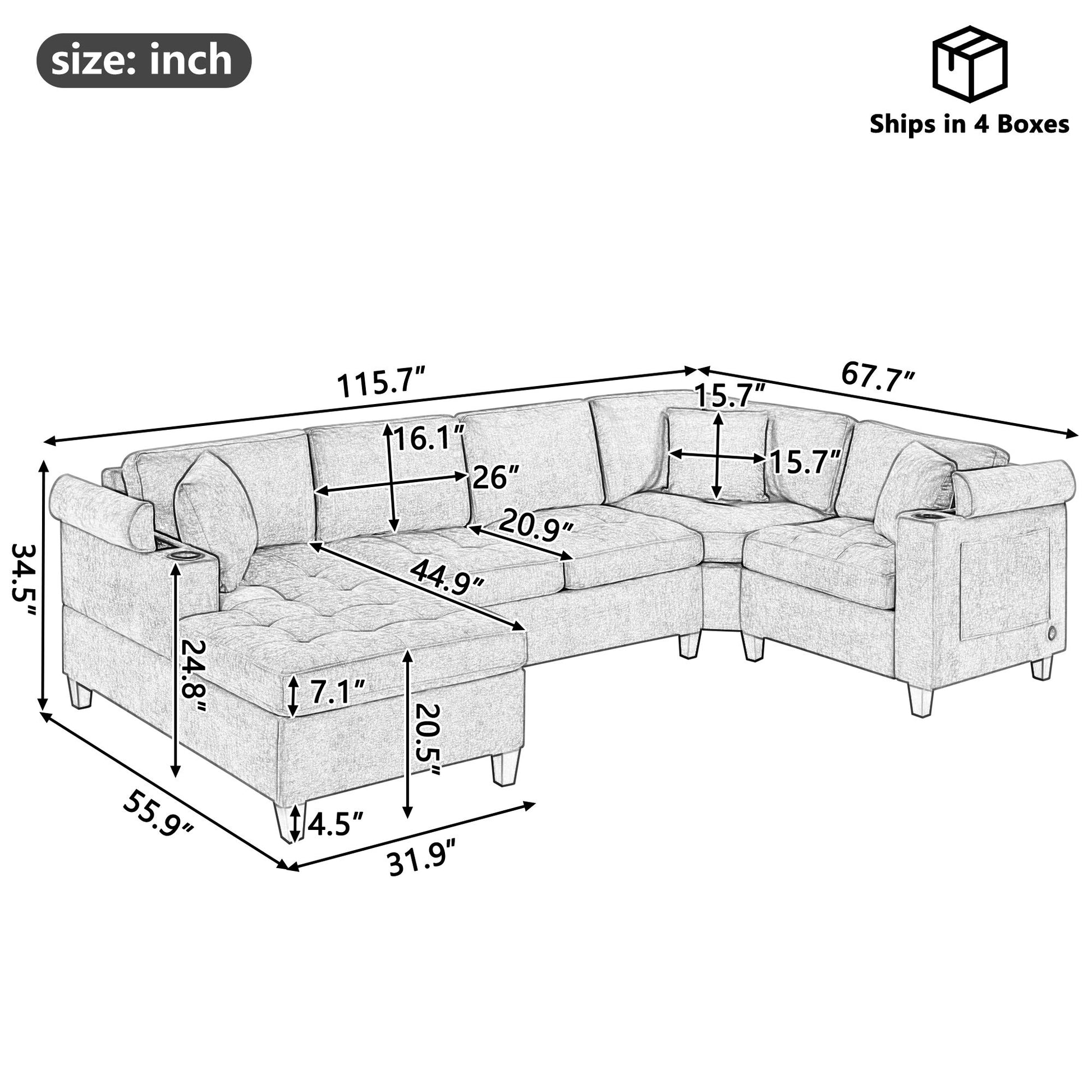 U Shaped Sectional Sofa, Corner Living Room Couch With Built In Cup Holders, Storage, USB Ports Hearth and Haven