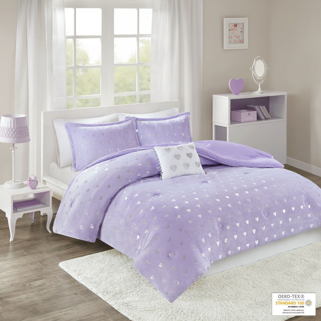 Rosalie - Twin Metallic Printed Comforter Set - Purple / Silver Mi Zone