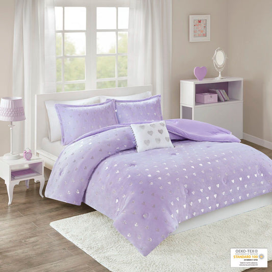 Rosalie - Twin Metallic Printed Comforter Set - Purple / Silver Mi Zone