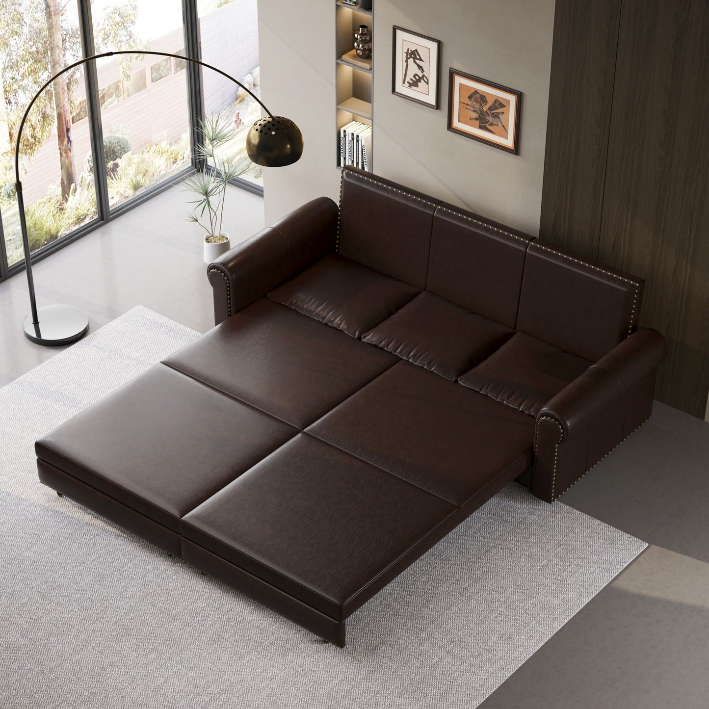 3 In 1 Convertible Sleeper Sofa With Nailhead Trim & Rolled Arm Home Essentials