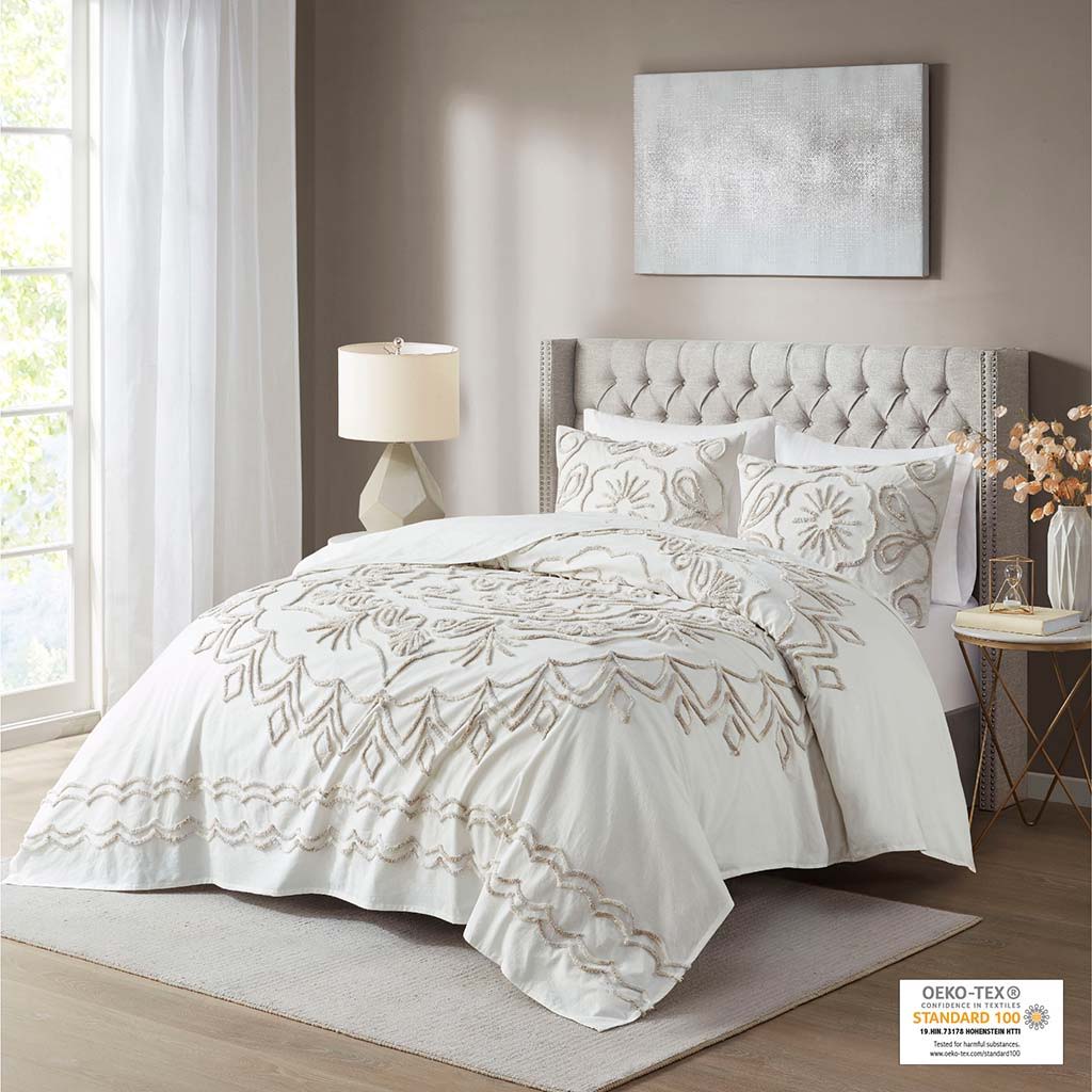 Violette - 3 Piece Tufted Coverlet Set - Ivory / Taupe