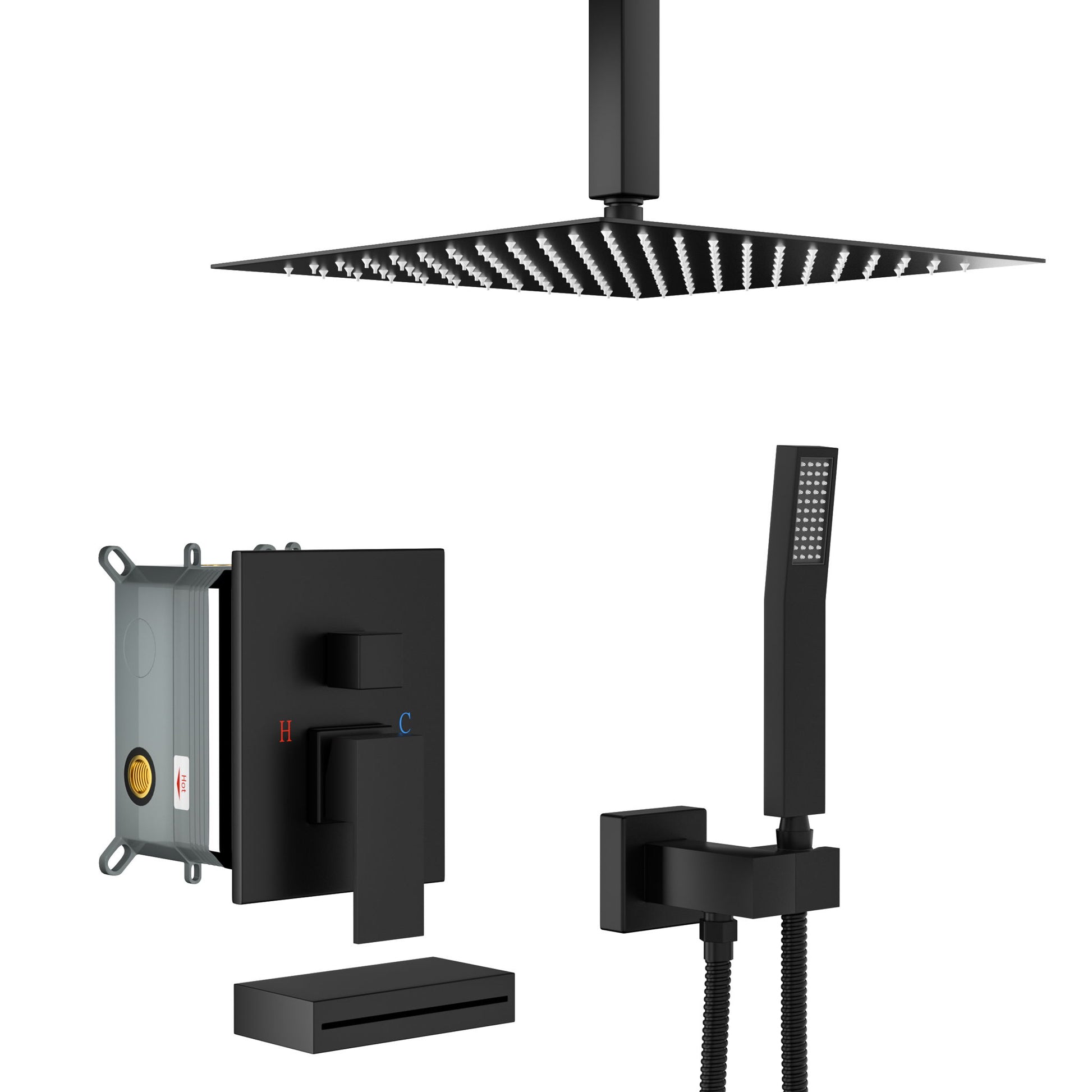 12" Ceiling Mount Shower System With Waterfall Tub Spout And Rough In Valve - Matte Black Daily Nest