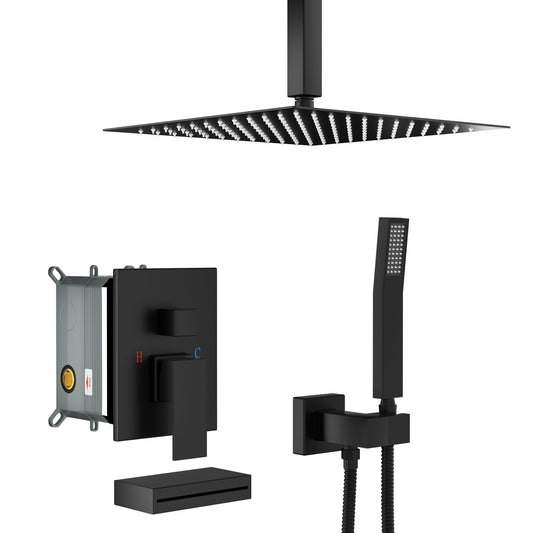 12" Ceiling Mount Shower System With Waterfall Tub Spout And Rough In Valve - Matte Black Daily Nest