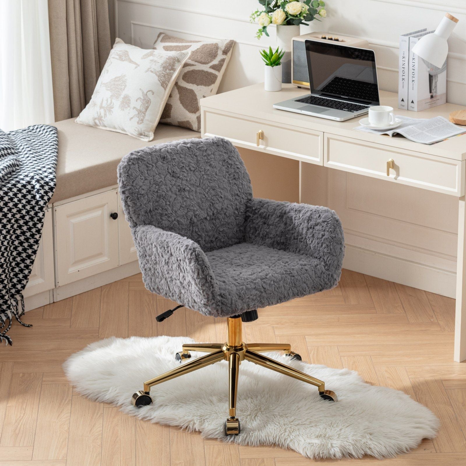 Office Chair, Artificial Rabbit Hair Home Office Chair With Golden Metal Base, Adjustable Desk Chair Swivel Office Chair, Vanity Chair Home Essentials