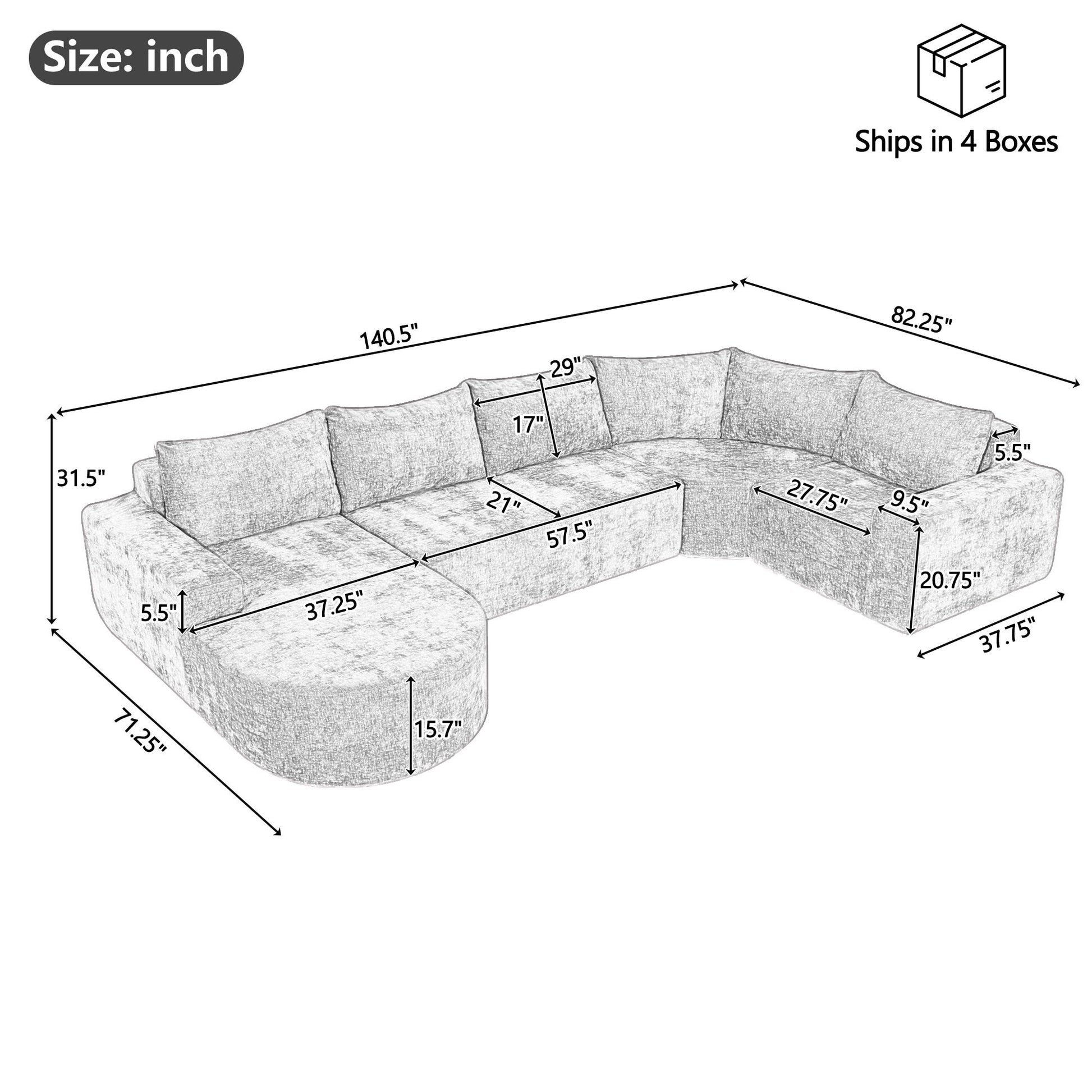 Modular Cloud Sectional Sofa Set, U-Shaped Upholstered Couch With Deep Seat Noble House