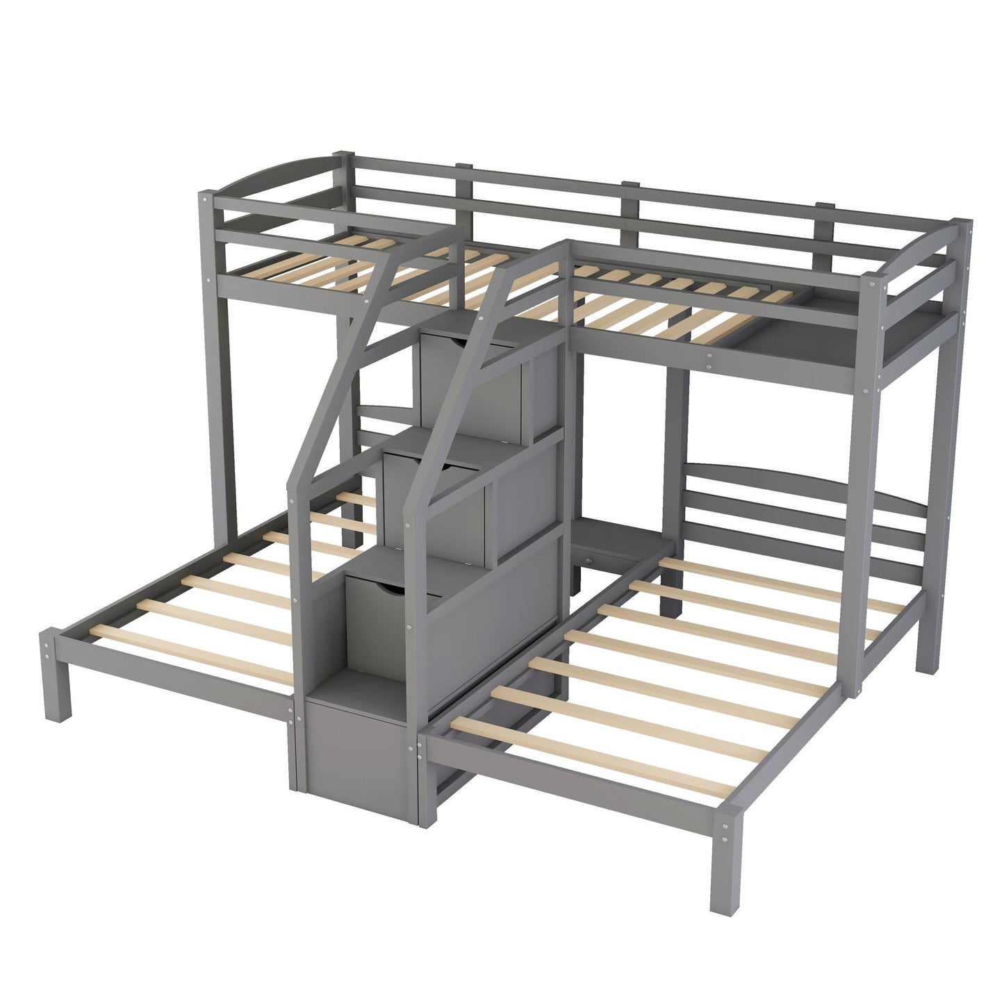 Twin Over Twin & Twin Bunk Bed With Built In Staircase And Storage Drawer - Gray Hearth and Haven