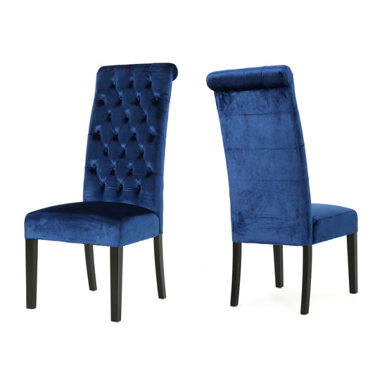 Elegant George Hi Back Dining Chair (Set of 2) With Tufted Velvet - Navy Blue Noble House