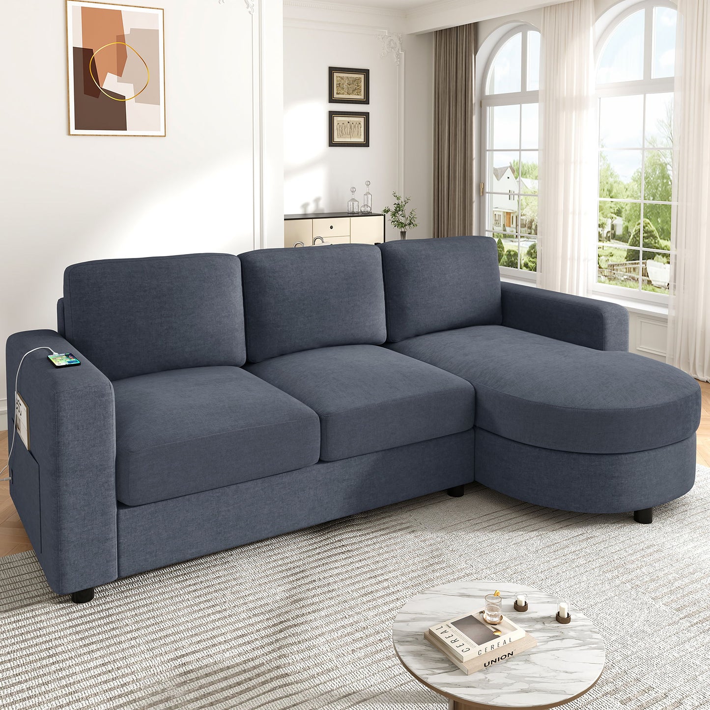 Modern L-Shaped Sectional Sofa With Curved Chaise, USB Ports, And Side Storage Pockets Hearth and Haven