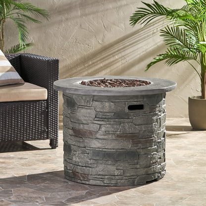 Transitional Outdoor 32" Round Propane Fire Pit Table, Lightweight Concrete Construction - Stone Gray Noble House