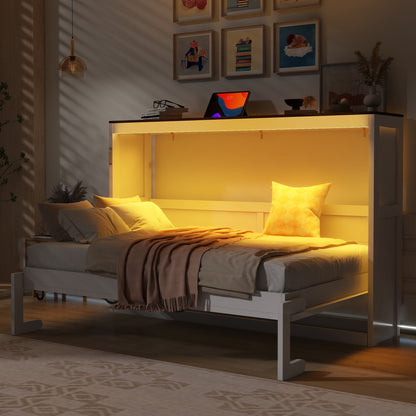 Murphy Bed With LED Light, Foldable Wall Bed Cabinet Hearth and Haven