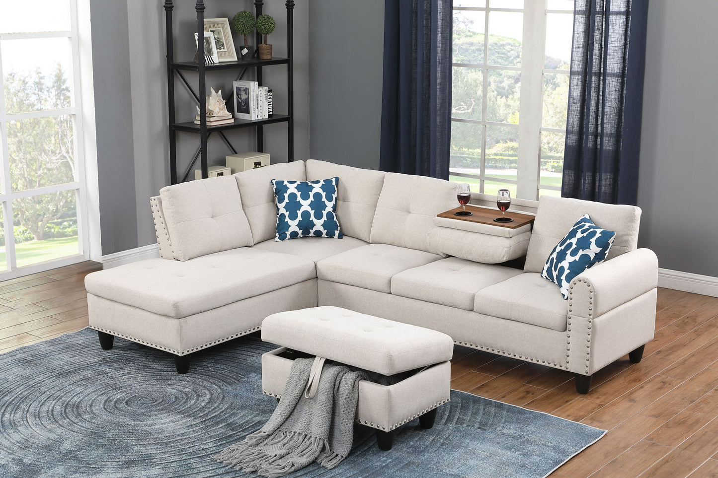 Alger - Wide Left Hand Facing Sofa & Chaise With Ottoman - Beige Urban Retreats