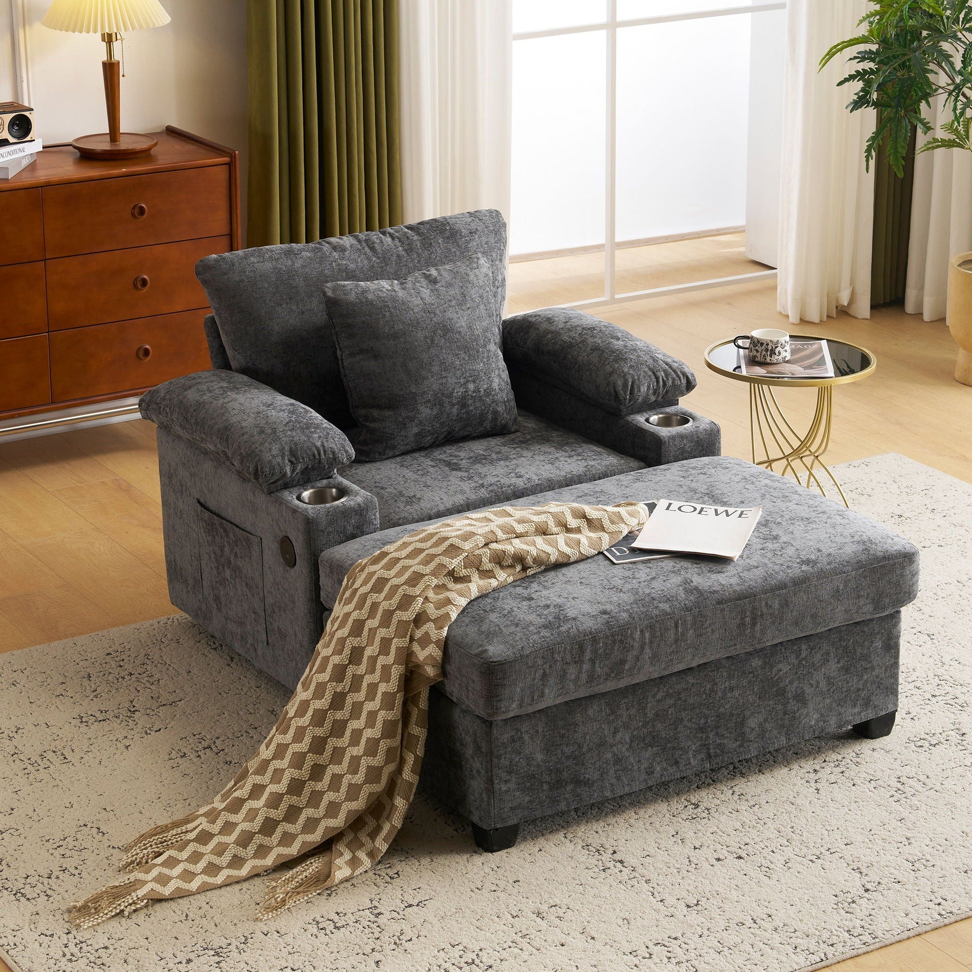 Modern Oversized Chair With Ottoman, Cupholders And USB Charging Ports Home Essentials