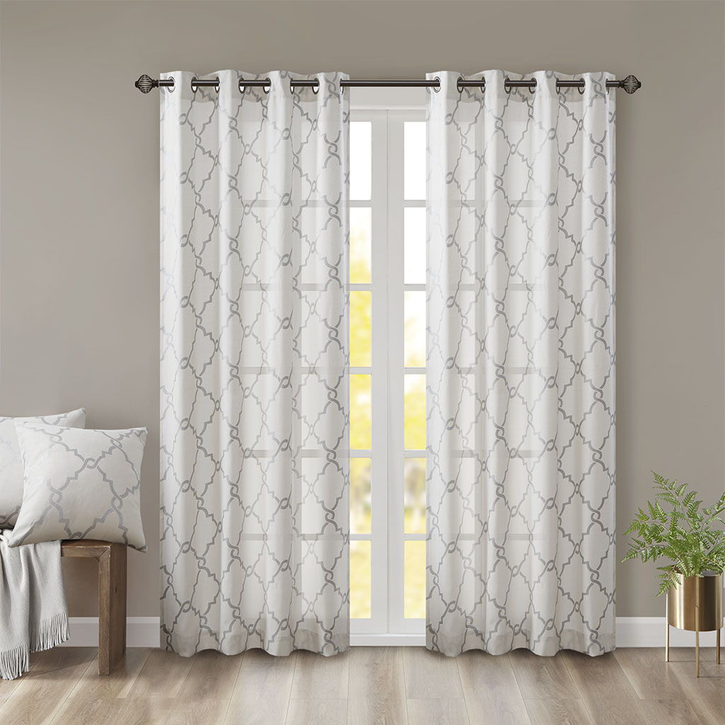 Saratoga - 84" Fretwork Print Grommet Top Window Curtain - Ivory