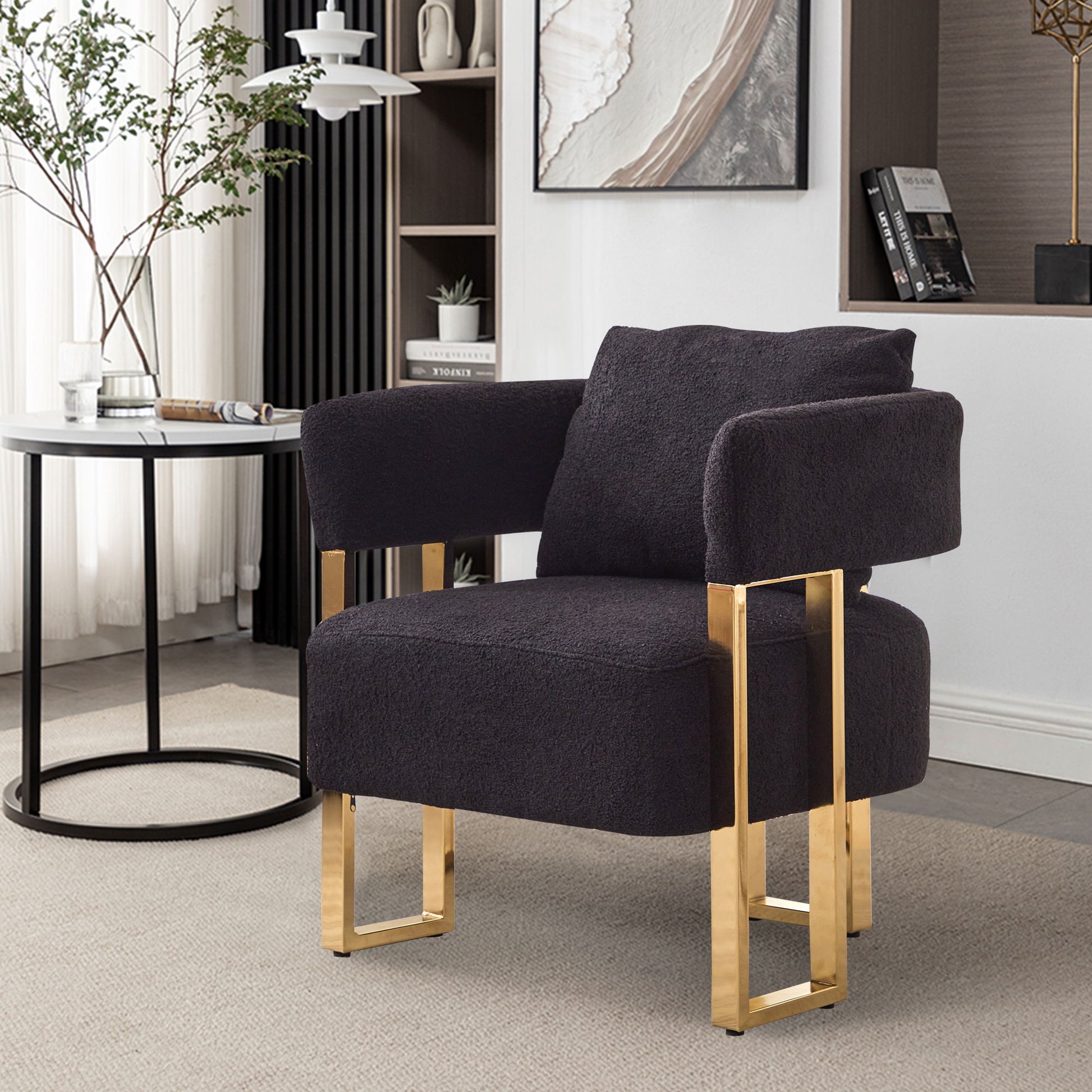 Modern Decorative Chair Teddy Fleece Upholstered And Metal Foot Home Essentials