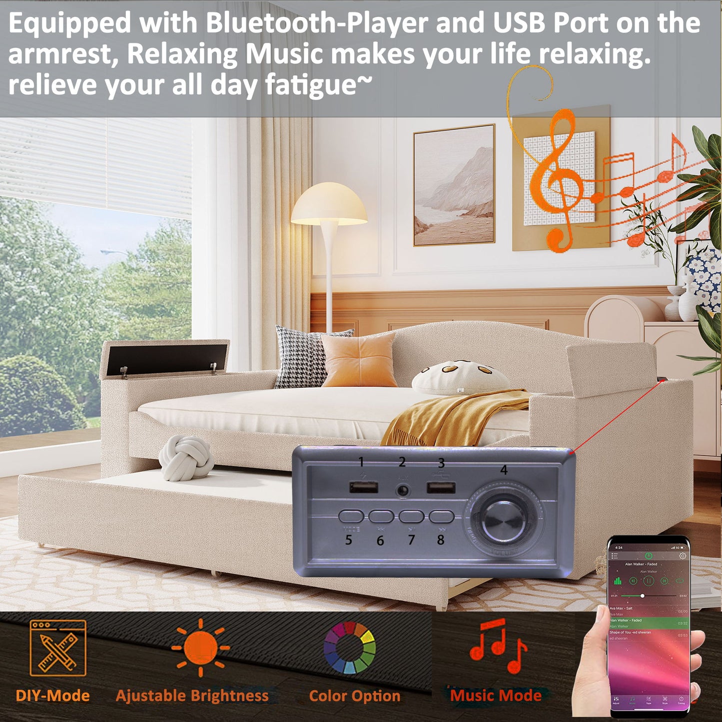 Upholstered Daybed With Storage Armrests, Trundle And Latest Integrated Bluetooth Audio System Halcyon Home