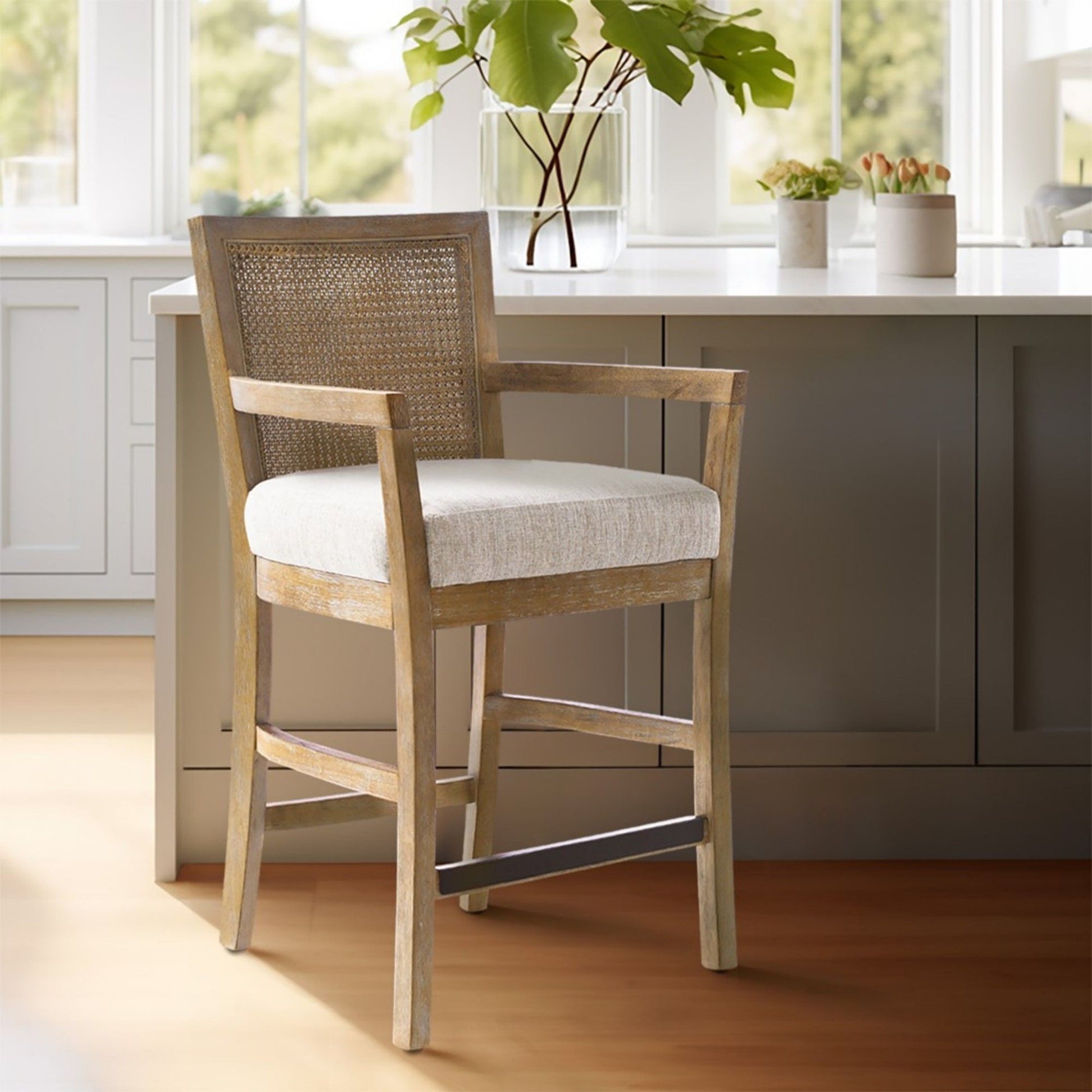 Cane Back Counter Stool With Upholstered Seat - Cream / Reclaimed Natural JLA