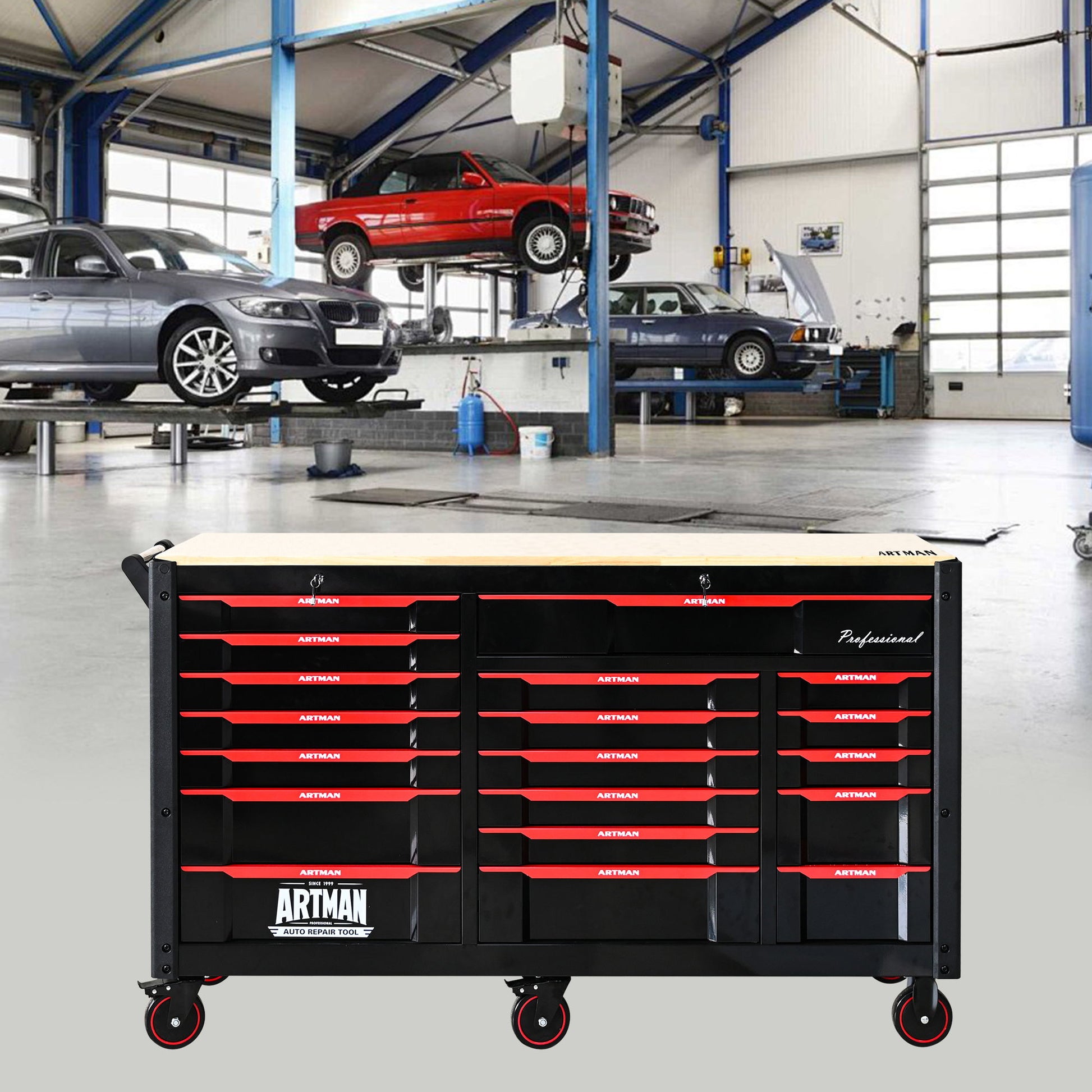 Heavy Duty Tool Cart With 19 Drawers, Tools Not Included, Mobile Storage For Workshop Or Laboratory - Black / Red Daily Nest
