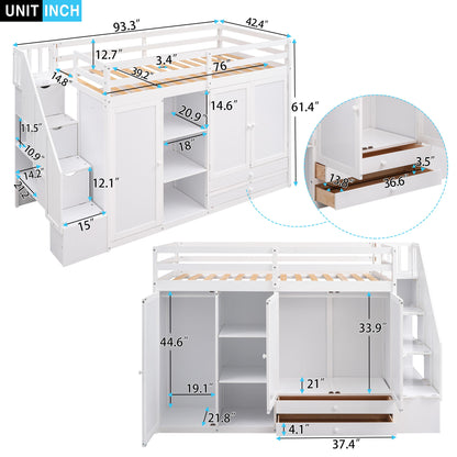 Loft Bed With 3 Shelves, 2 Wardrobes, 2 Drawers, Ladder Storage Hearth and Haven