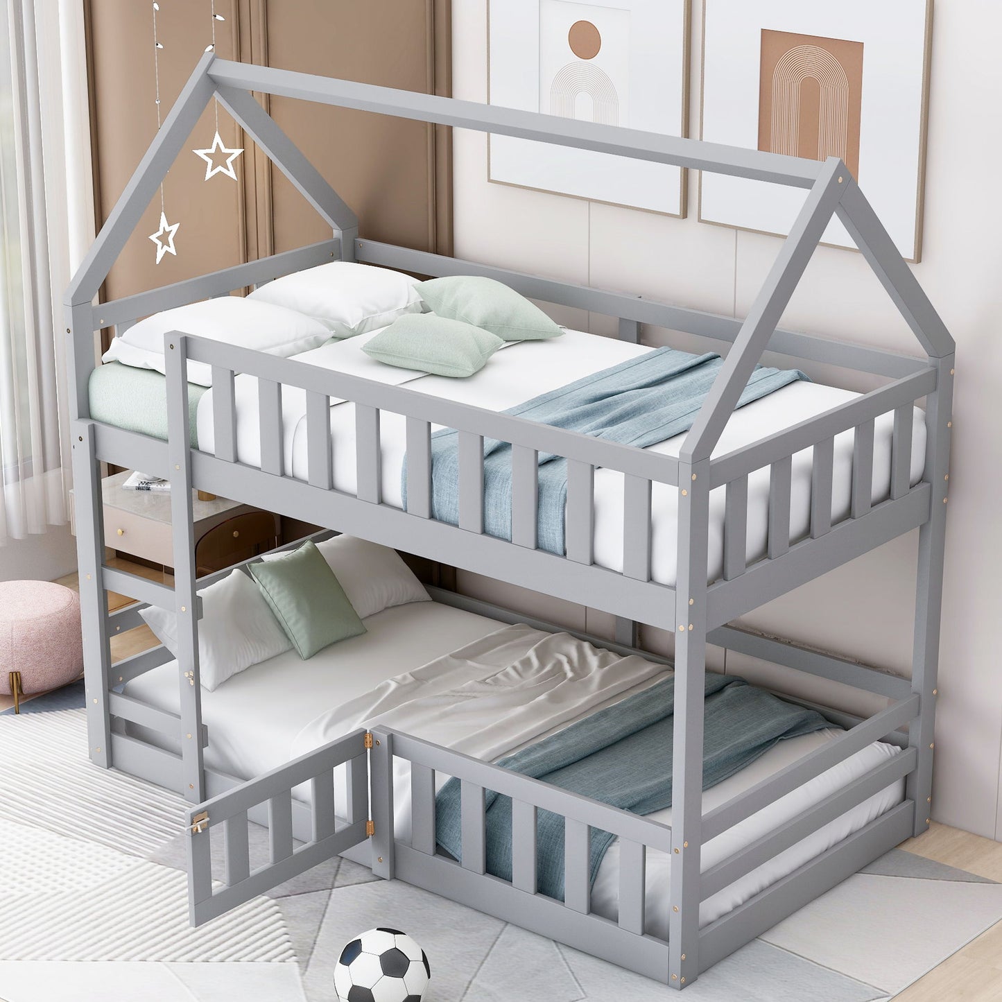 Twin Over Twin House Bunk Bed With Fence And Door Hearth and Haven