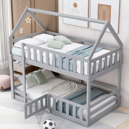 Twin Over Twin House Bunk Bed With Fence And Door Hearth and Haven