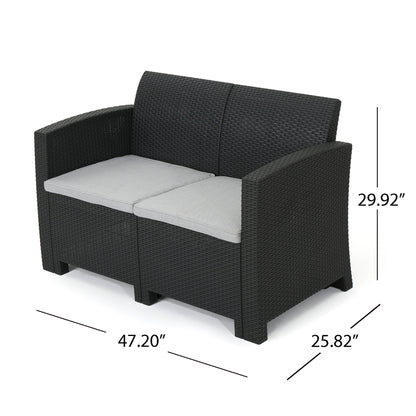 Zephyra - Outdoor 4 Piece Faux Wicker Rattan Chat Set With Water Resistant Cushions - Gray Noble House