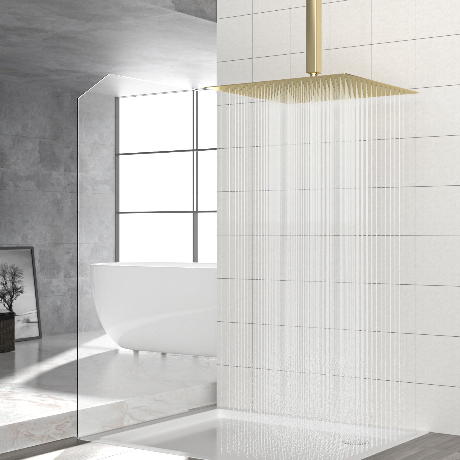 16" Square Rainfall Shower Head Fixed Wall Mount With Full Body Coverage & Self Cleaning Silicone Nozzles Daily Nest