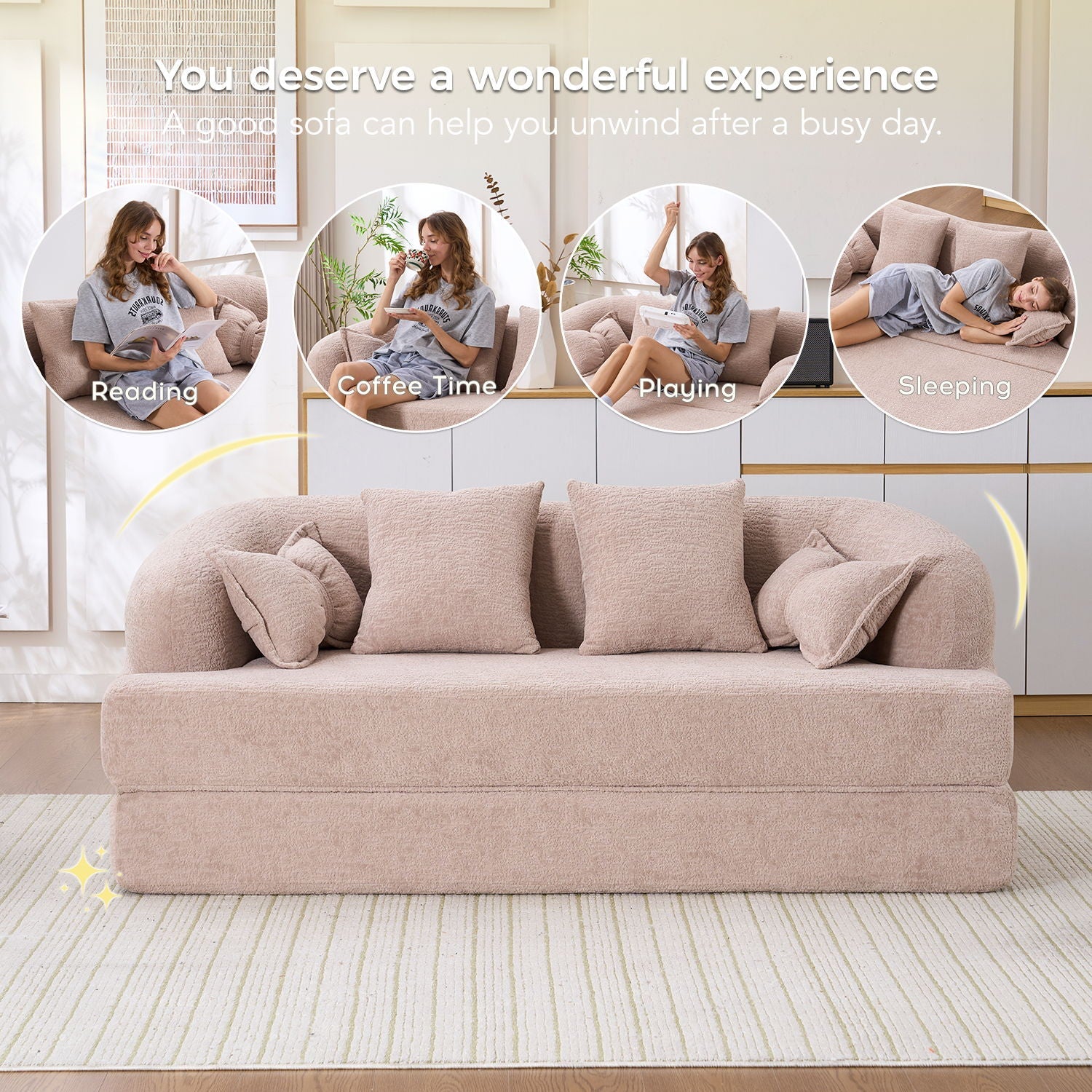 Foldable Sofa Bed, Boneless Couch Convertible Sleeper With 4 Pillows Home Essentials