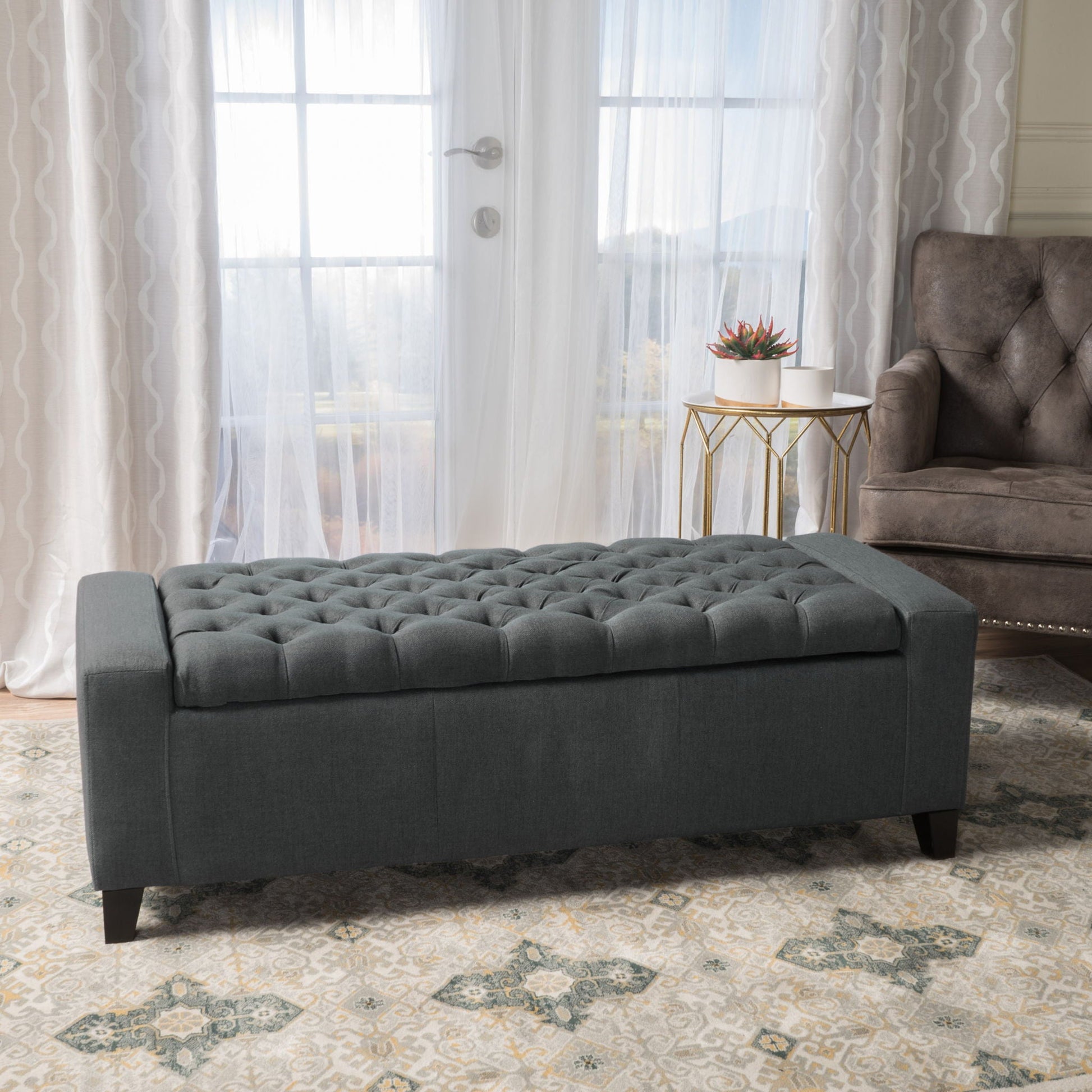 Contemporary Storage Ottoman With Tufted Top - Dark Gray Noble House