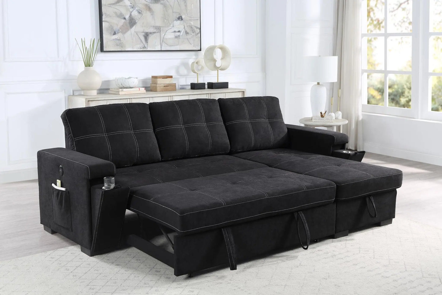 Toby - Woven Fabric Reversible Sleeper Sectional Sofa With Storage Chaise Cup Holder Charging Ports And Pockets Lilola Home