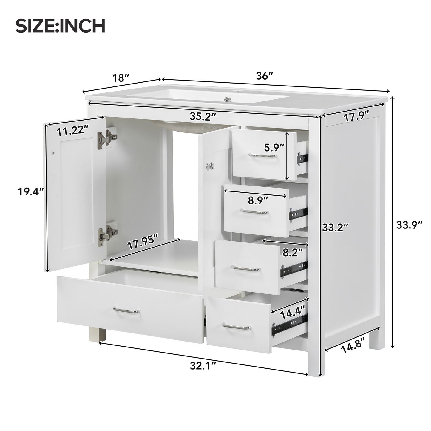 Bathroom Vanity With Ceramic Sink Combo, Abundant Storage Cabinet 2 Soft Close Doors And 5 Drawers Hearth and Haven