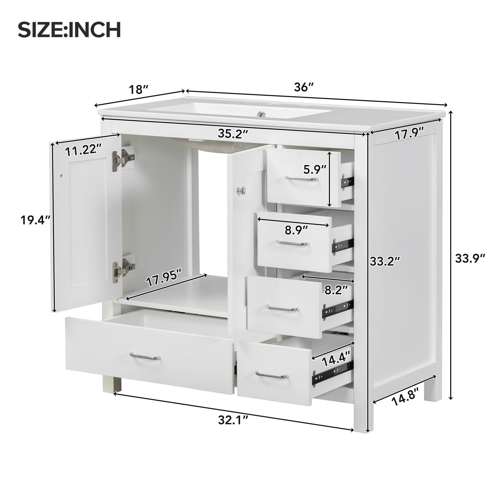 Bathroom Vanity With Ceramic Sink Combo, Abundant Storage Cabinet 2 Soft Close Doors And 5 Drawers Hearth and Haven